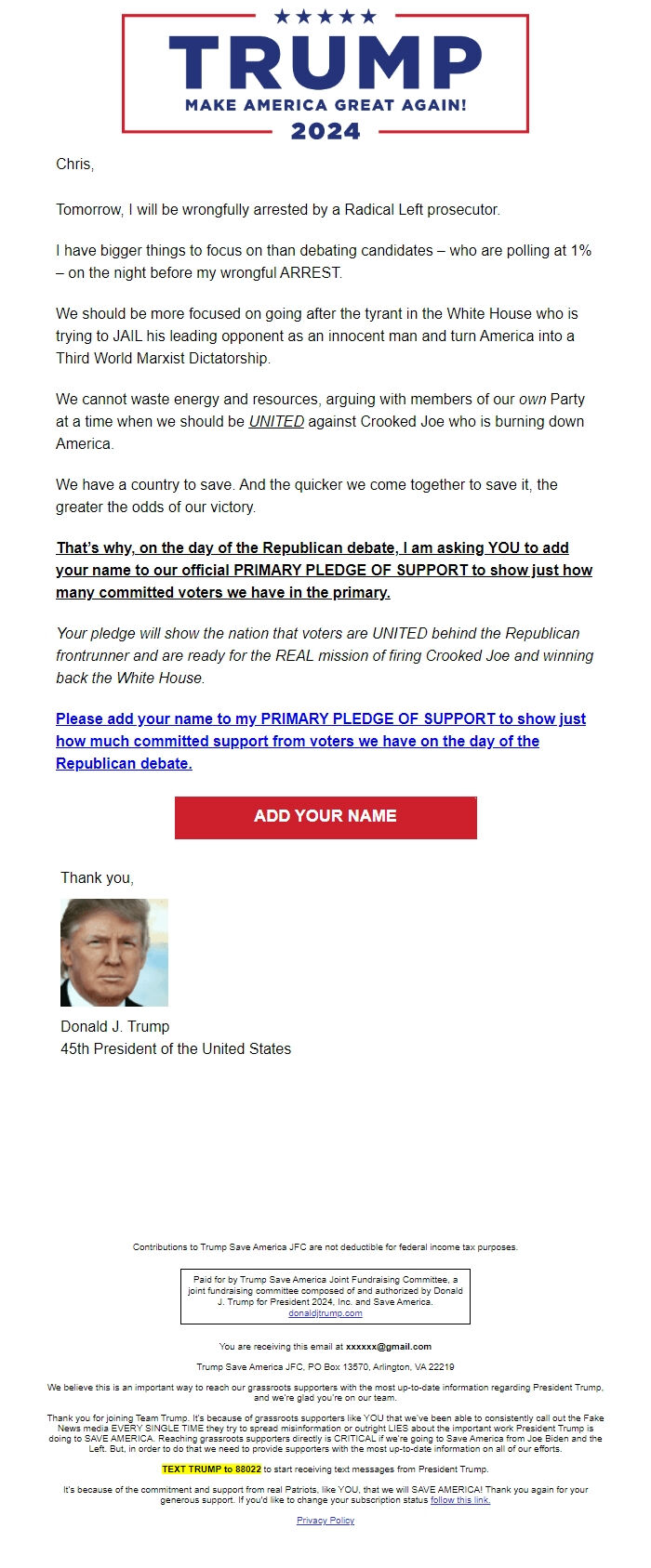 Screenshot of the email generated on import