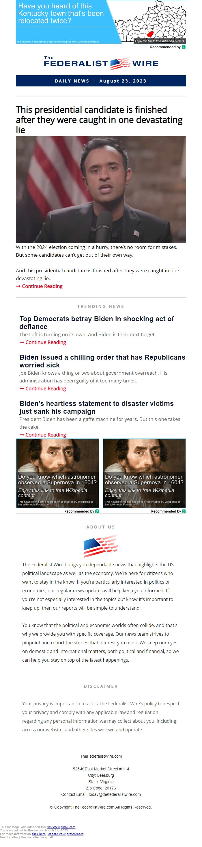 Screenshot of the email generated on import