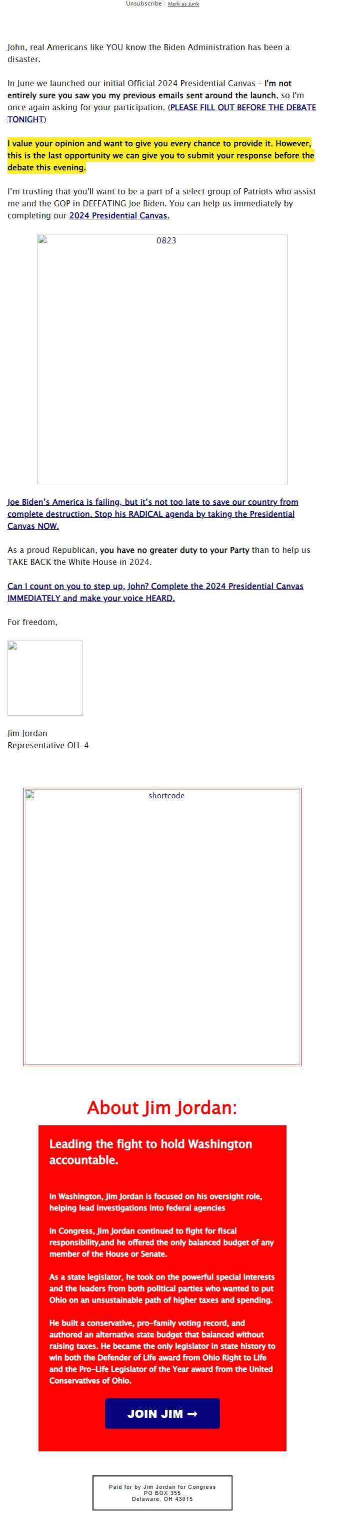 Screenshot of the email generated on import