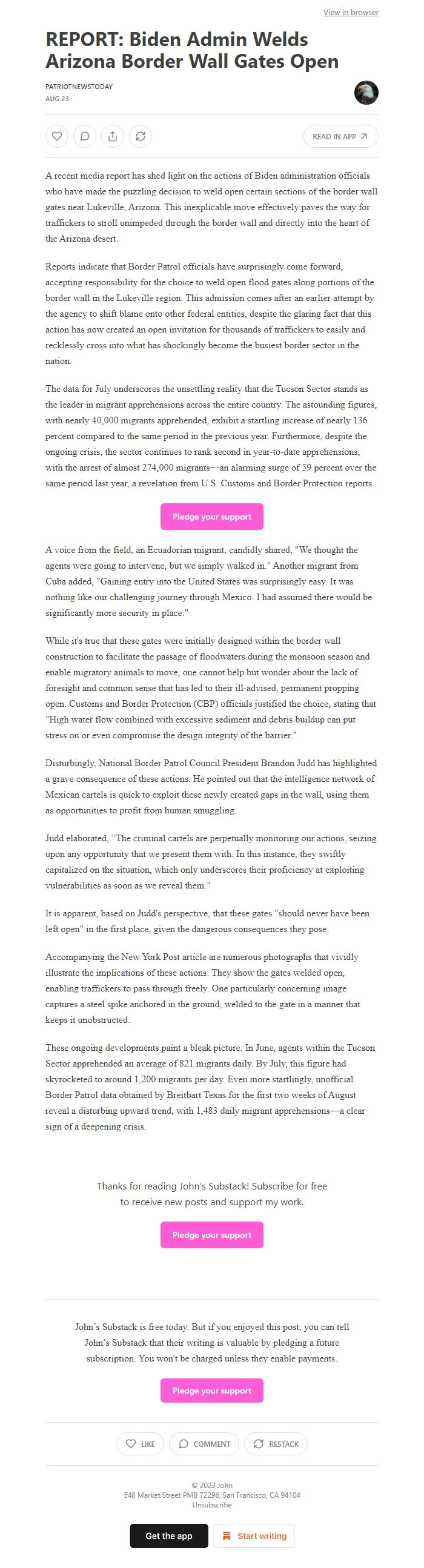 Screenshot of the email generated on import