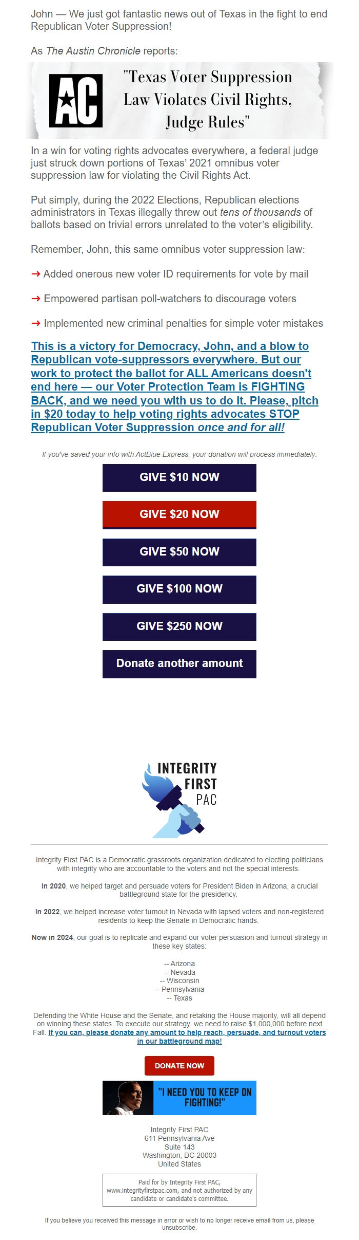 Screenshot of the email generated on import