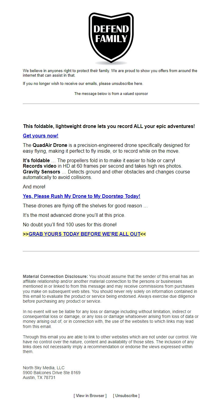 Screenshot of the email generated on import