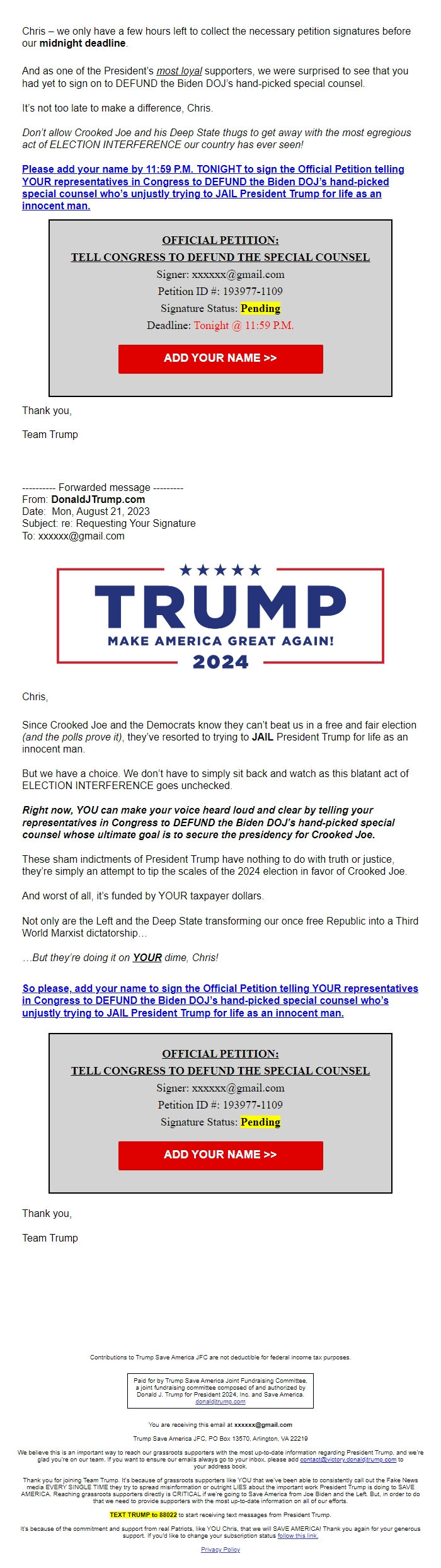 Screenshot of the email generated on import