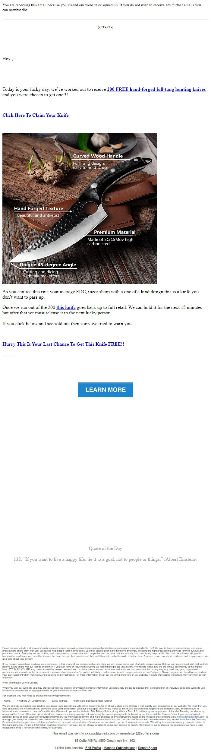 Screenshot of the email generated on import