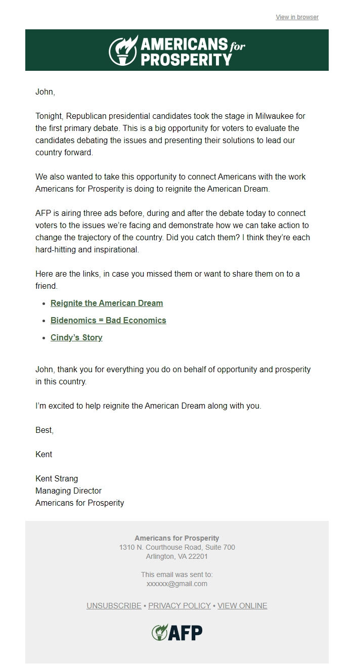 Screenshot of the email generated on import