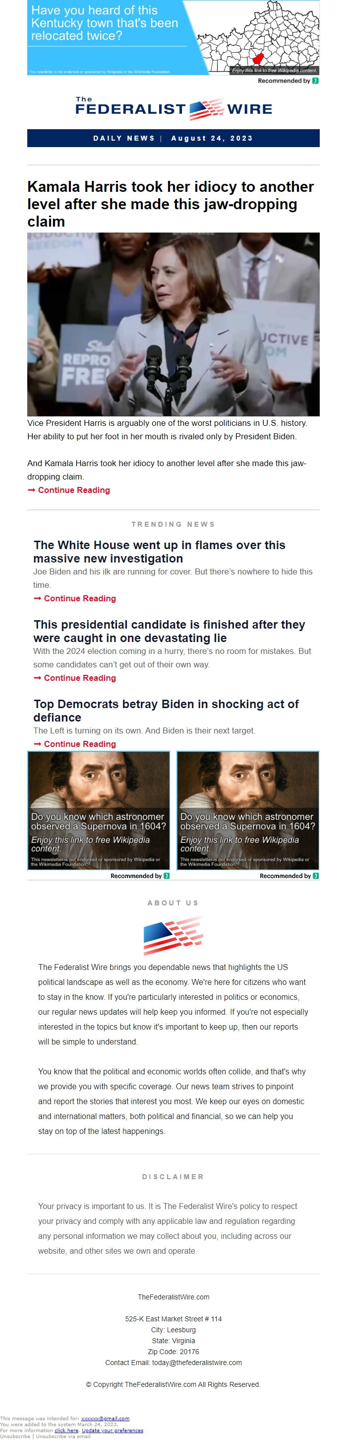 Screenshot of the email generated on import
