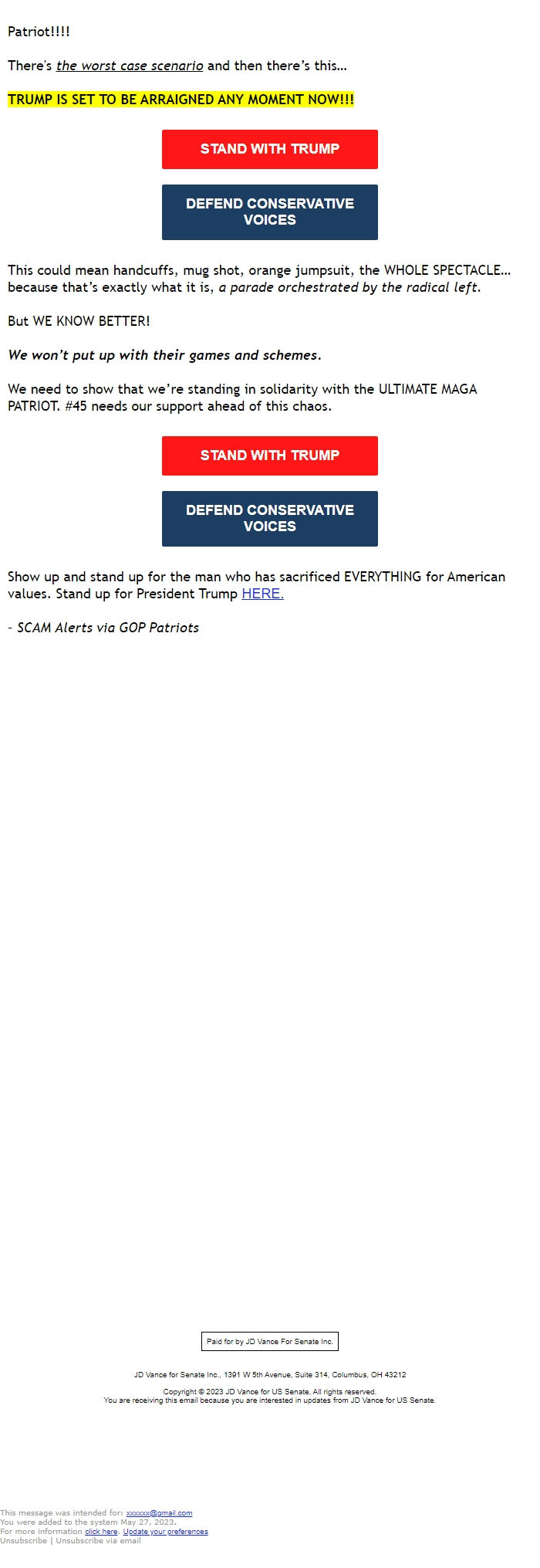 Screenshot of the email generated on import
