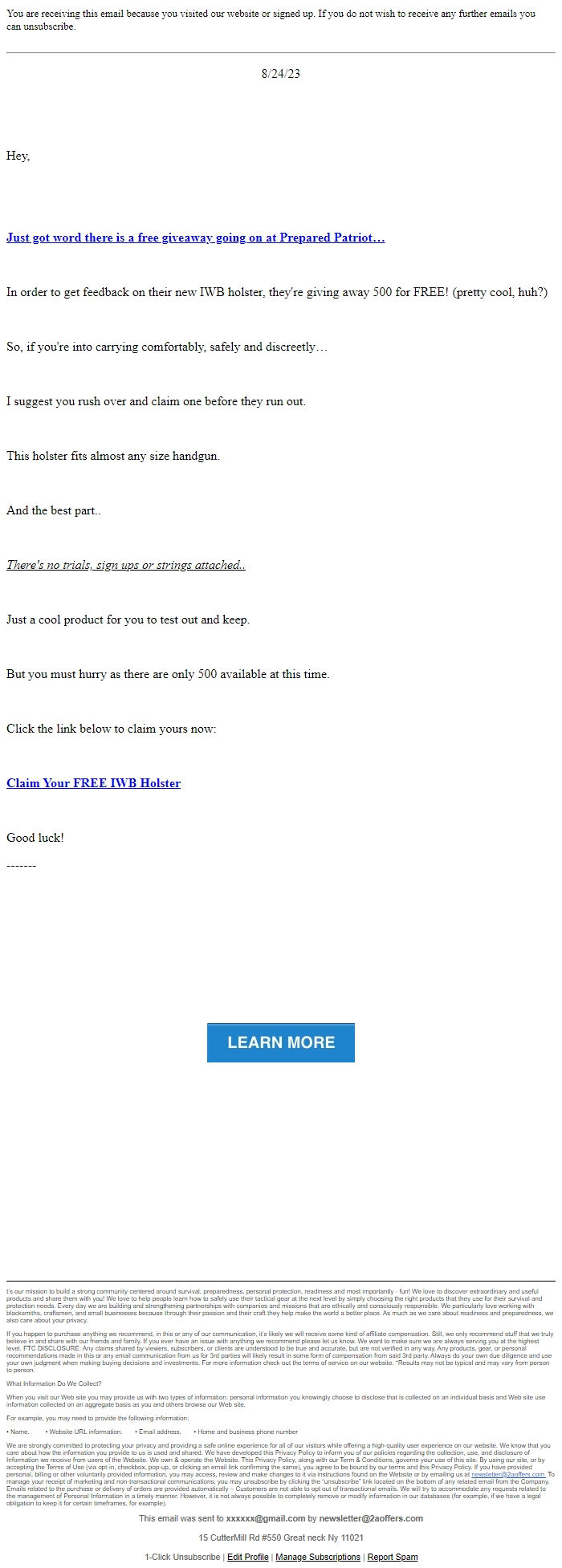 Screenshot of the email generated on import