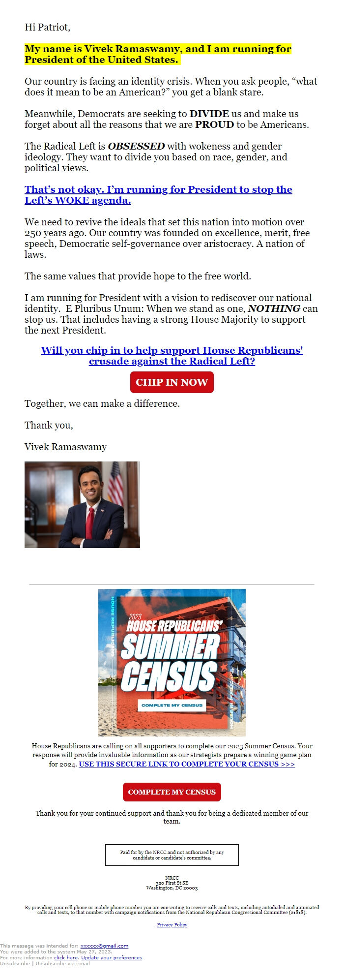 Screenshot of the email generated on import