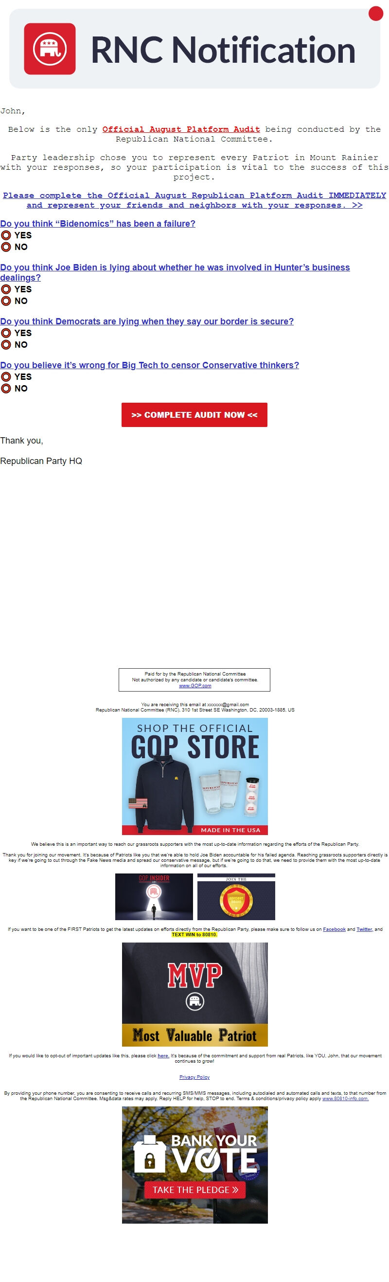 Screenshot of the email generated on import