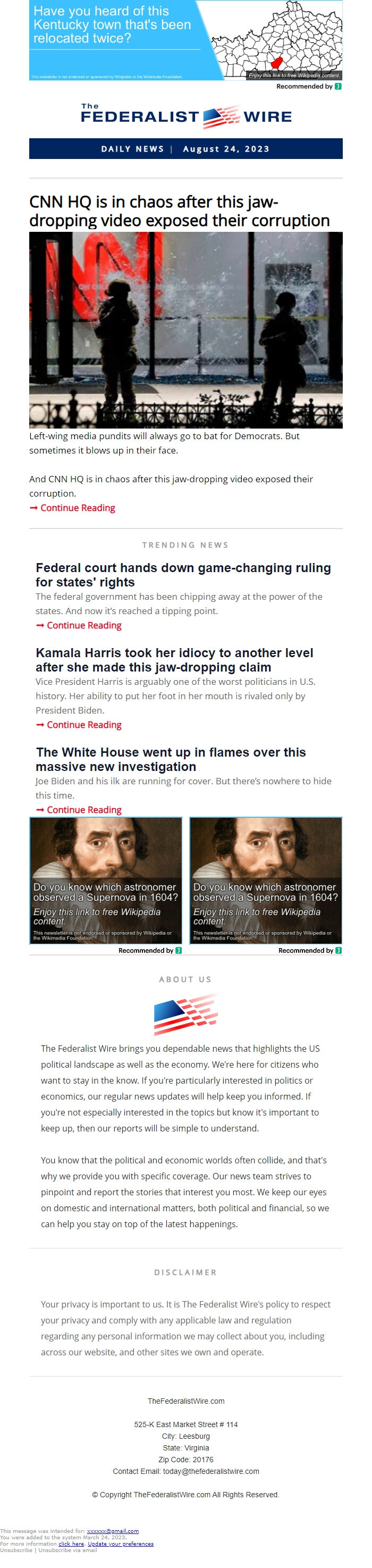 Screenshot of the email generated on import