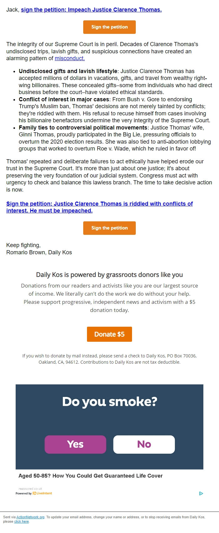 Screenshot of the email generated on import