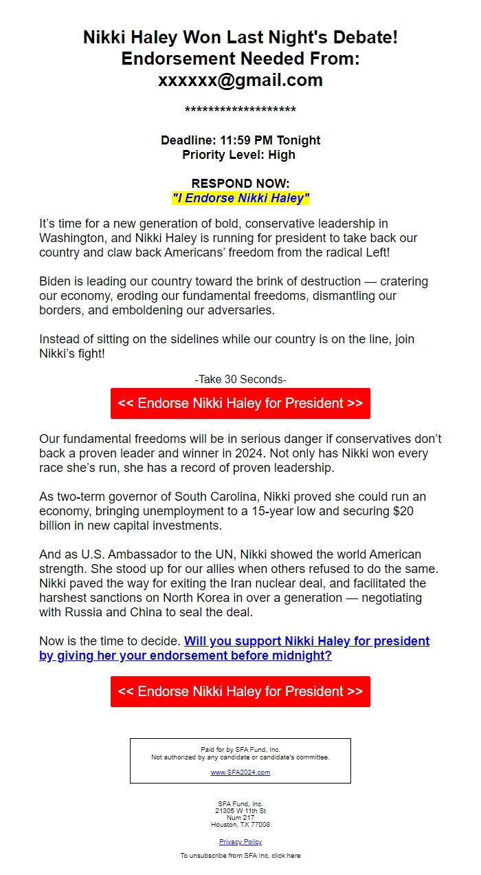 Screenshot of the email generated on import