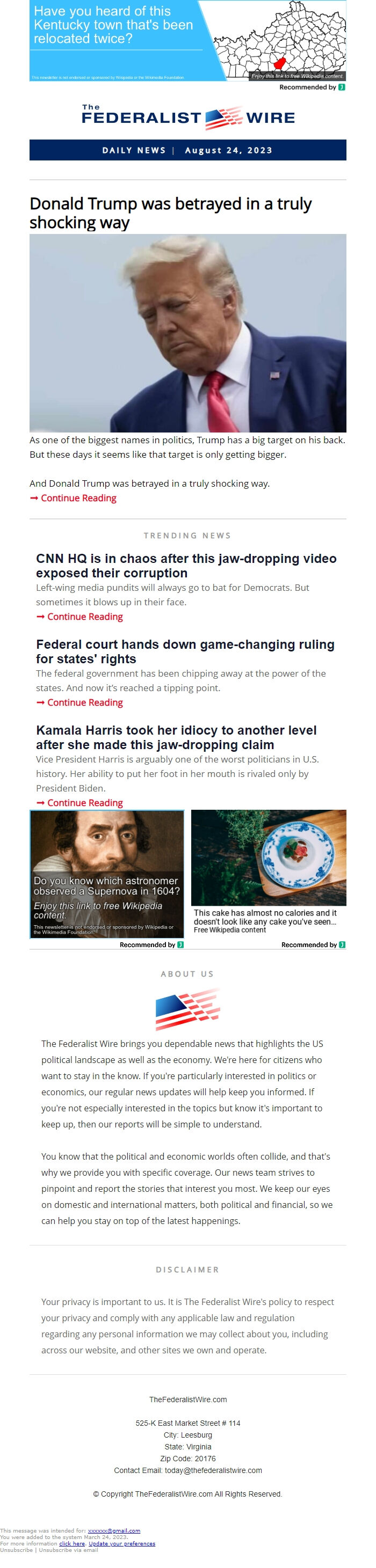 Screenshot of the email generated on import