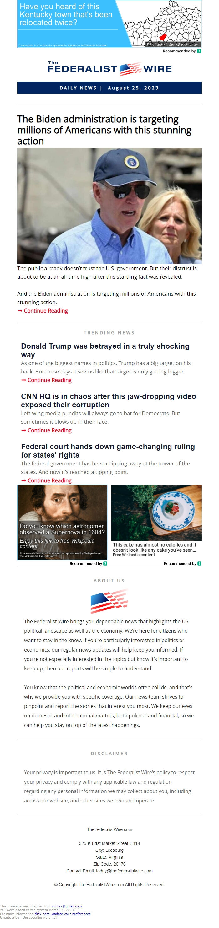 Screenshot of the email generated on import