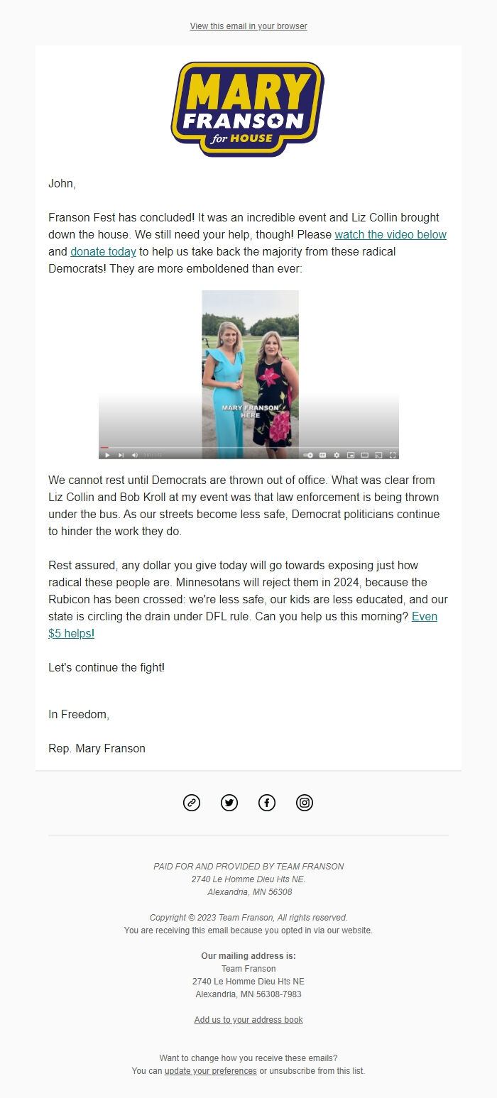 Screenshot of the email generated on import