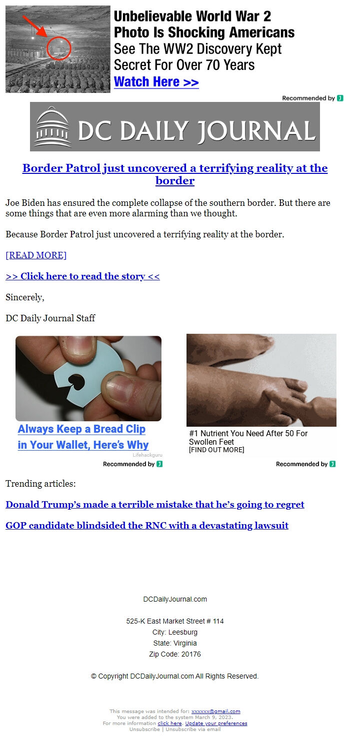 Screenshot of the email generated on import