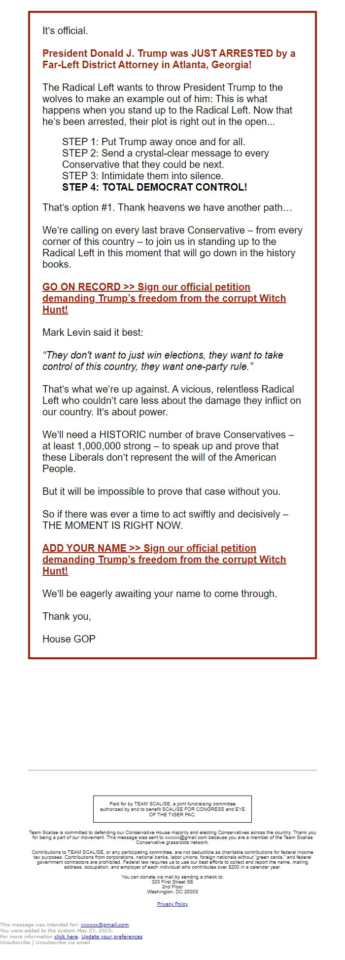 Screenshot of the email generated on import