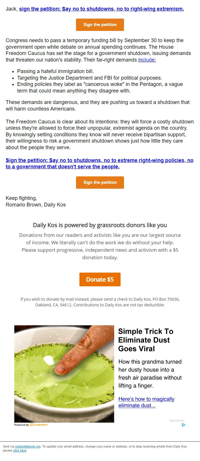 Screenshot of the email generated on import
