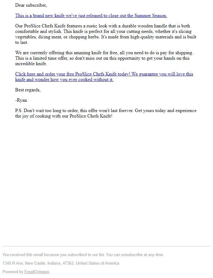 Screenshot of the email generated on import