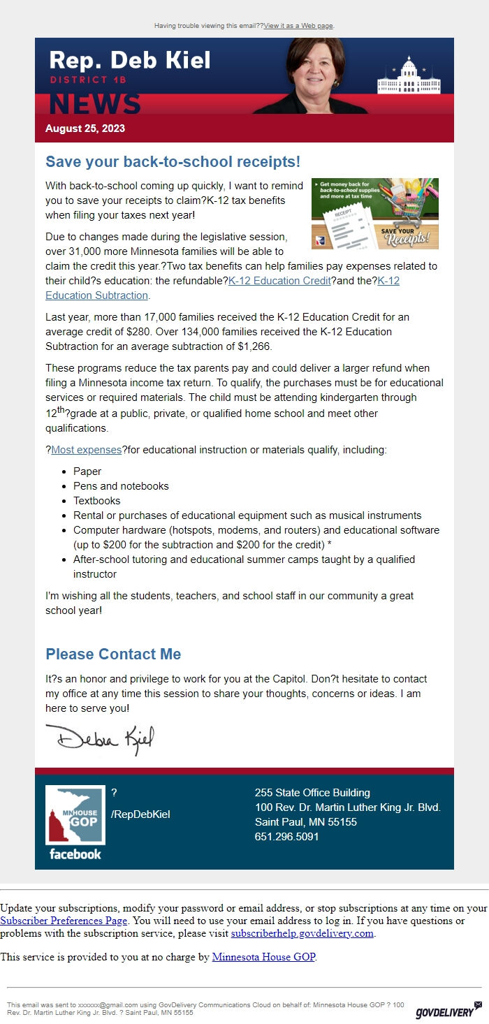 Screenshot of the email generated on import