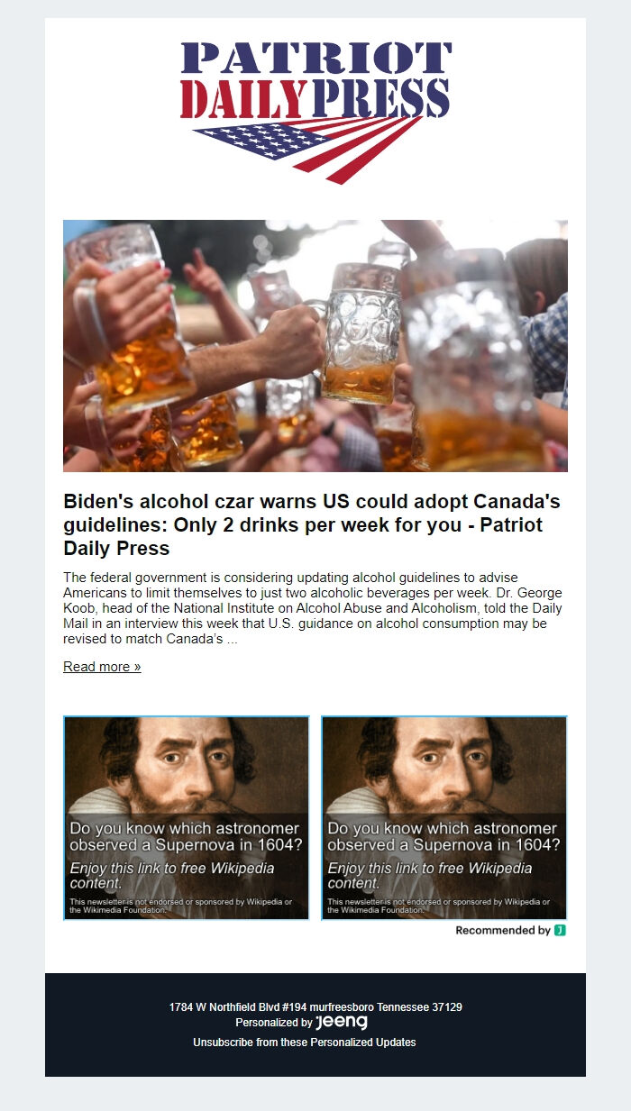 Screenshot of the email generated on import