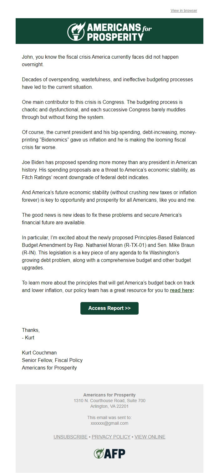 Screenshot of the email generated on import