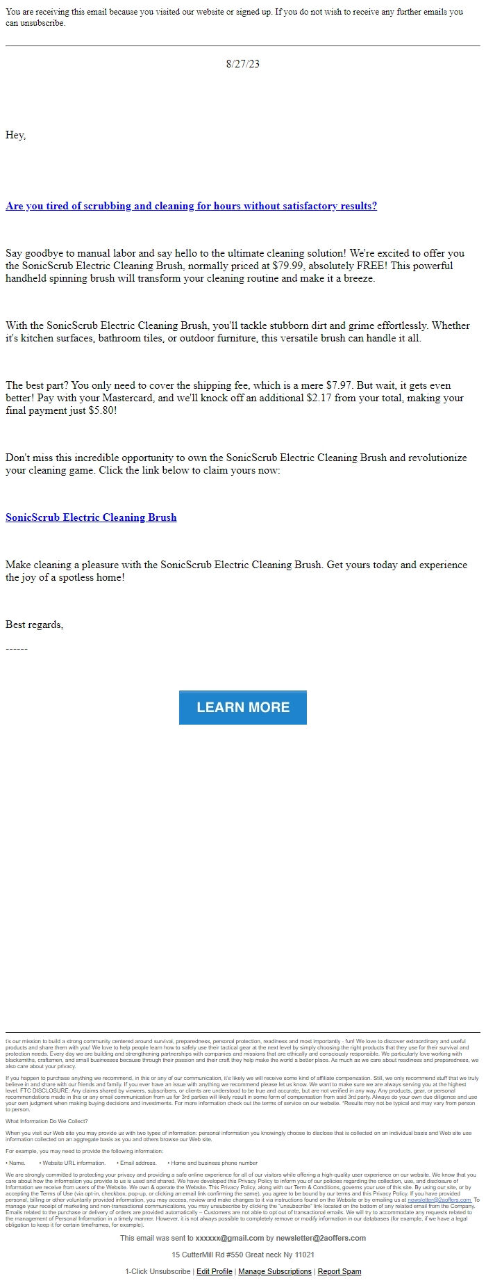 Screenshot of the email generated on import