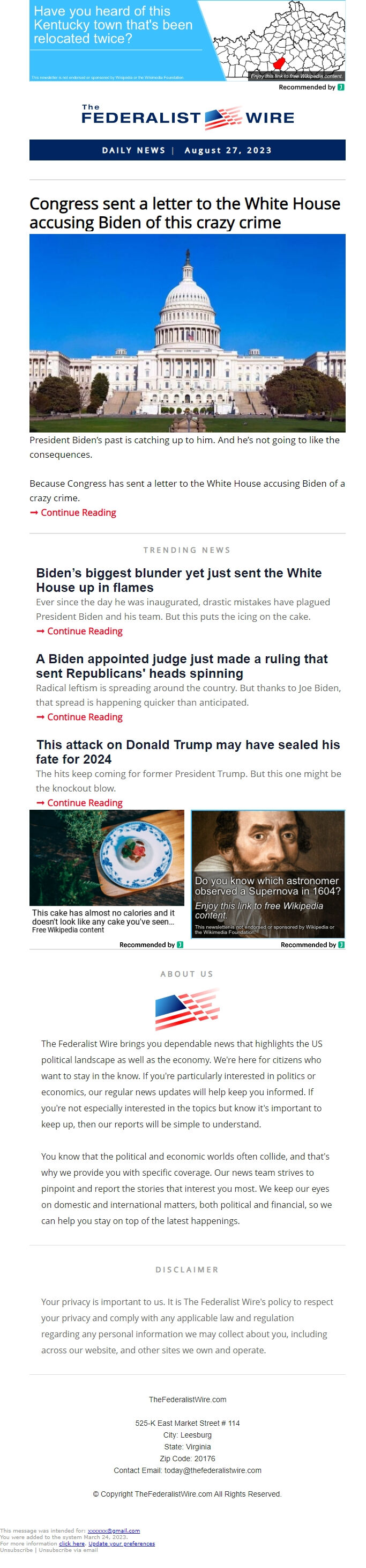 Screenshot of the email generated on import