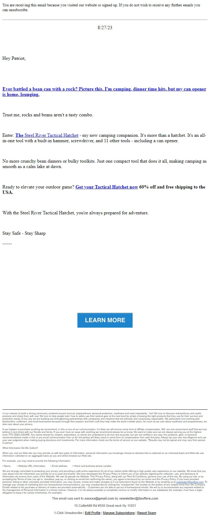 Screenshot of the email generated on import