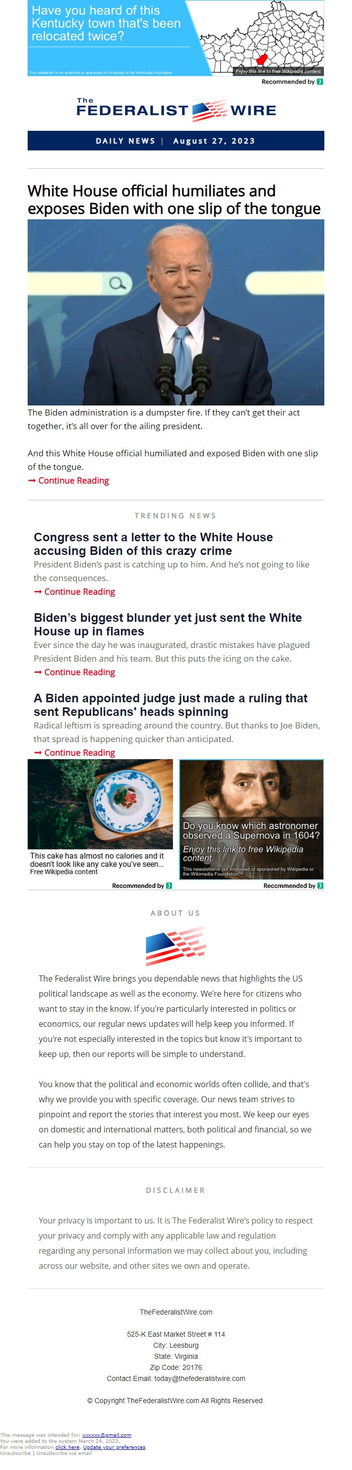 Screenshot of the email generated on import