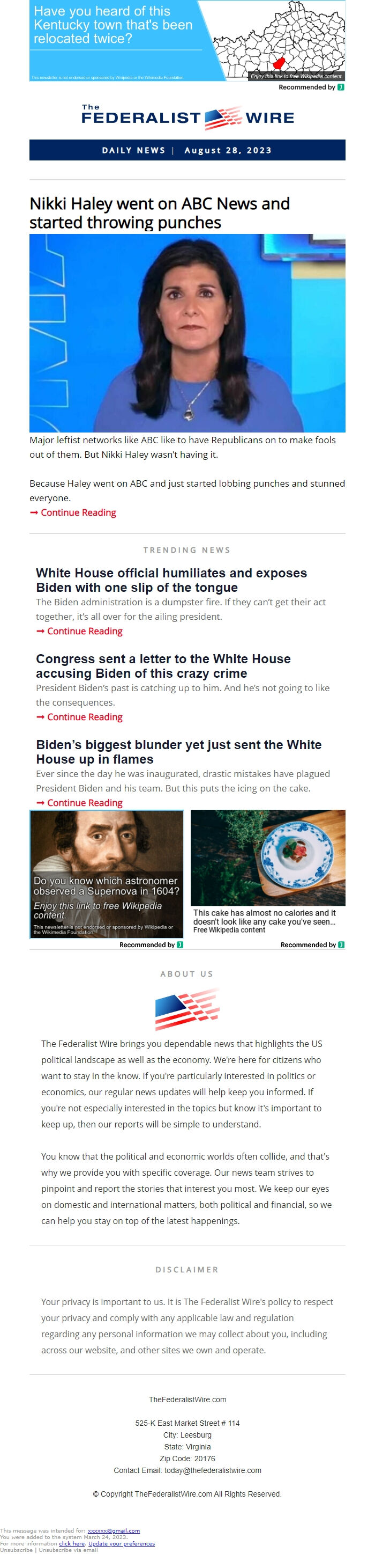 Screenshot of the email generated on import