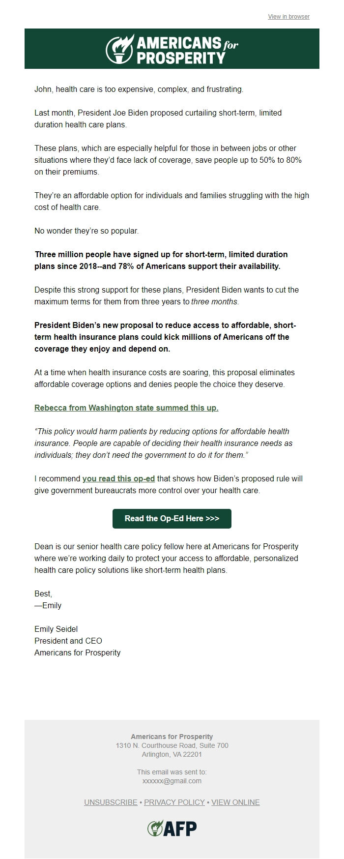 Screenshot of the email generated on import