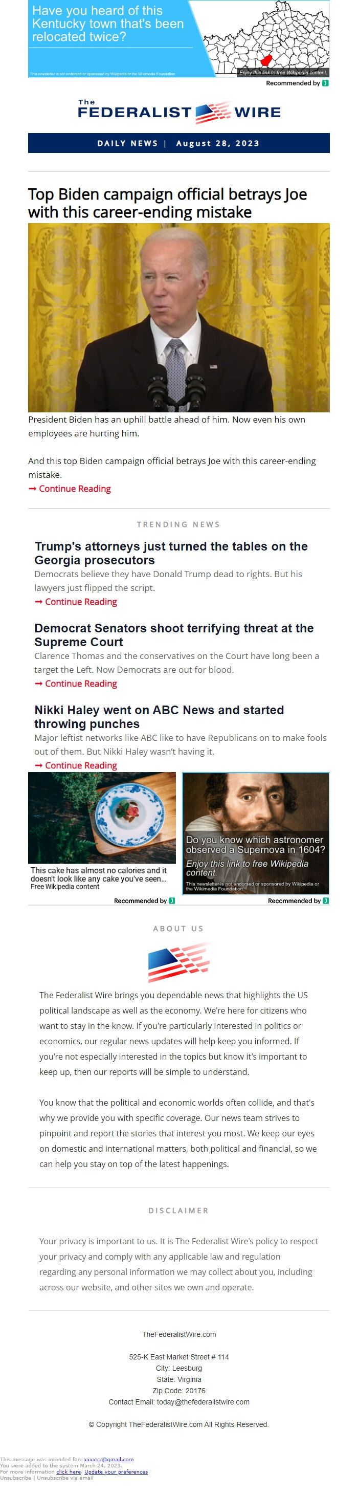 Screenshot of the email generated on import