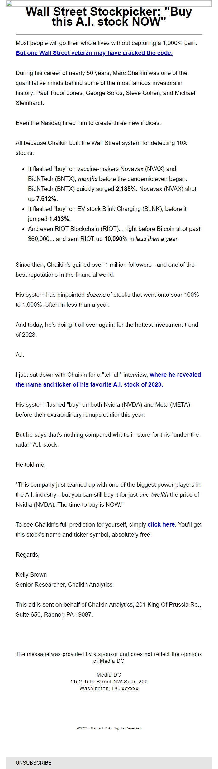 Screenshot of the email generated on import