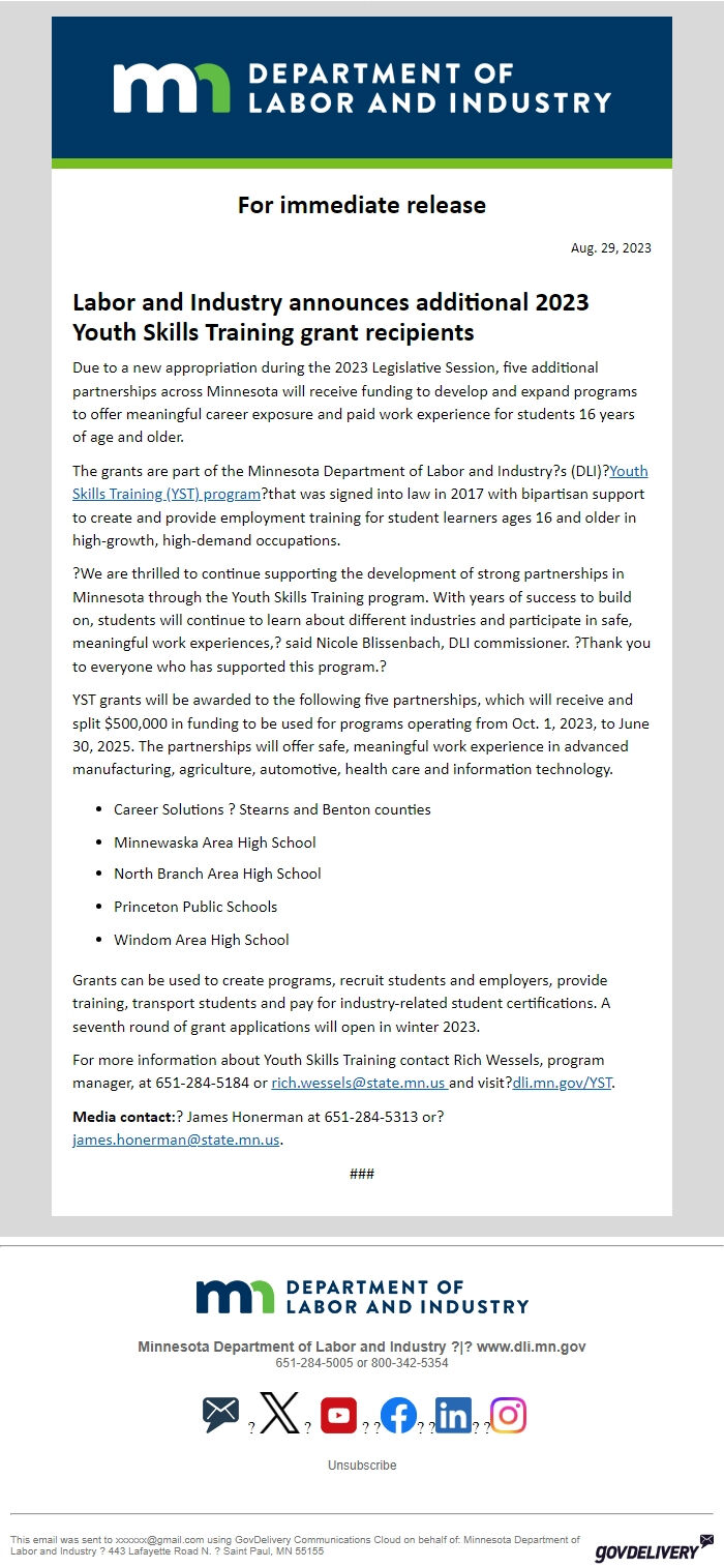 Screenshot of the email generated on import