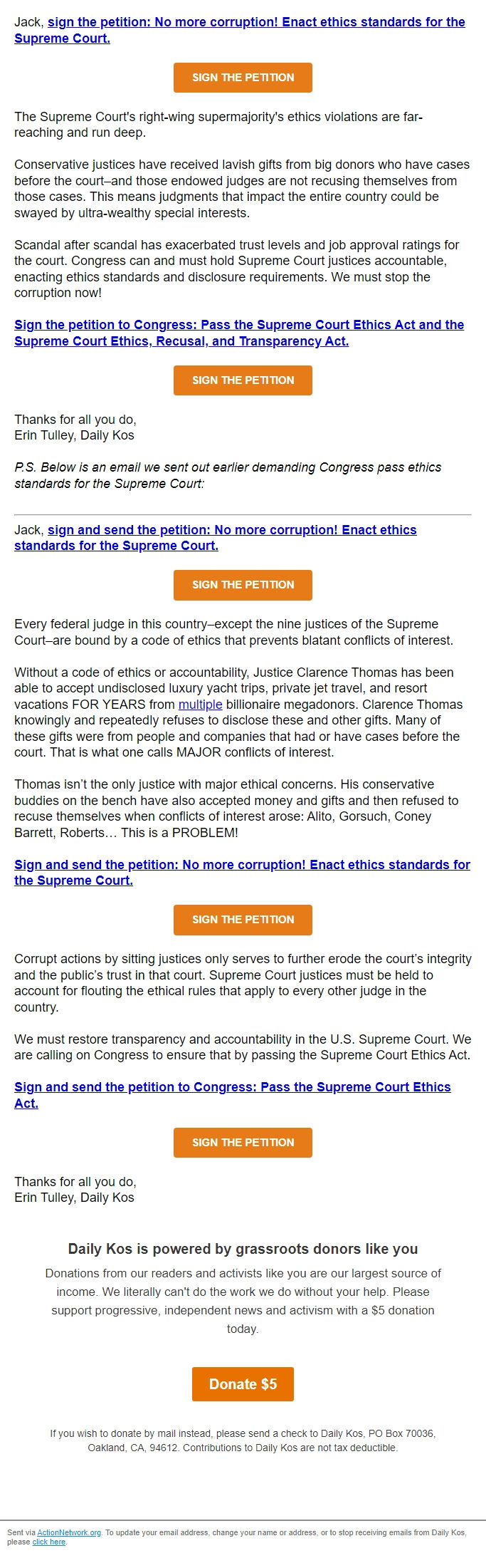 Screenshot of the email generated on import