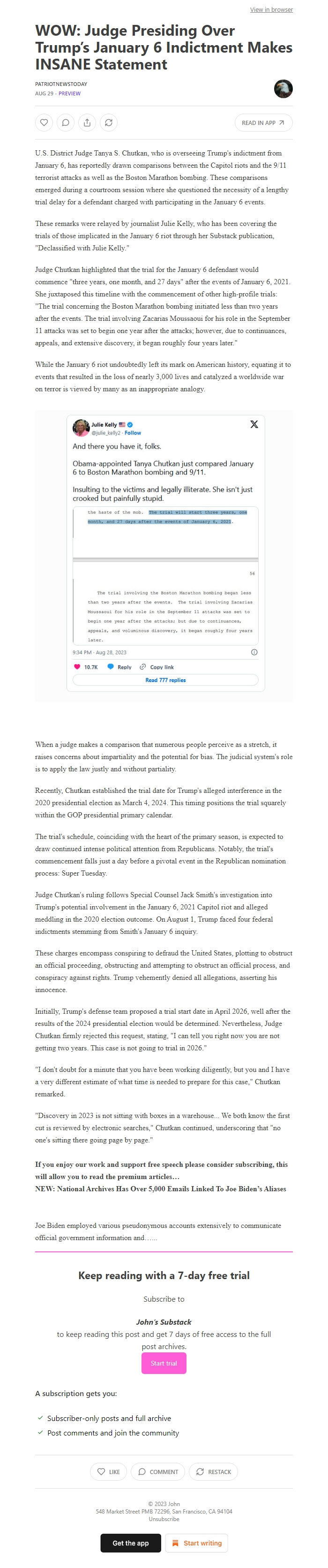 Screenshot of the email generated on import