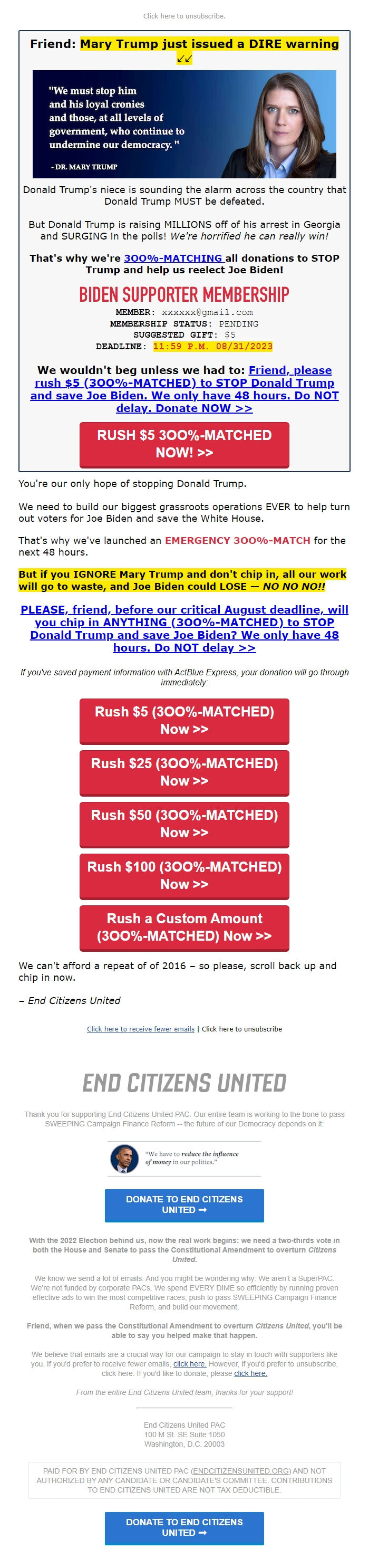 Screenshot of the email generated on import