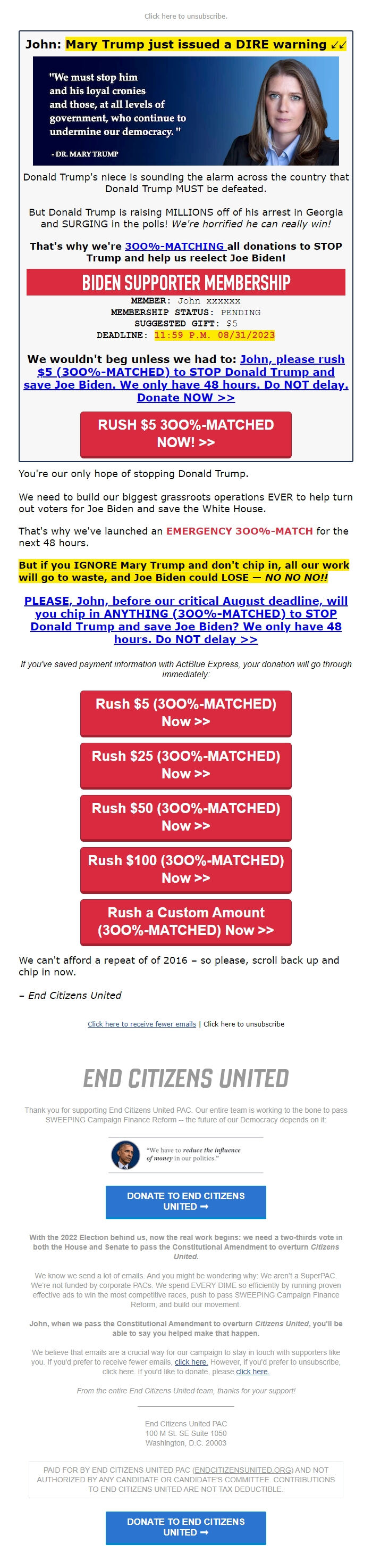 Screenshot of the email generated on import