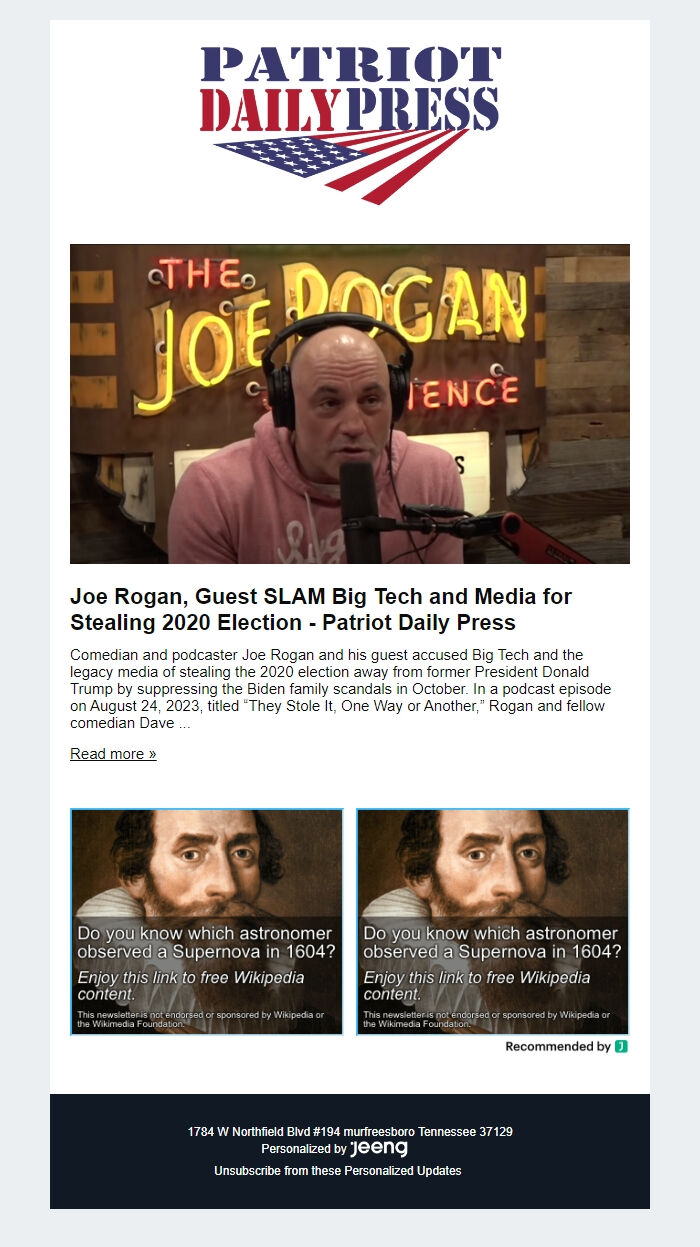 Screenshot of the email generated on import