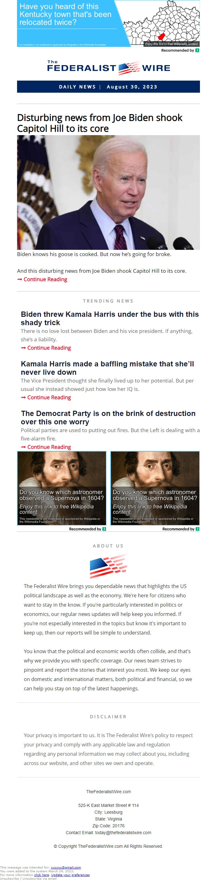 Screenshot of the email generated on import