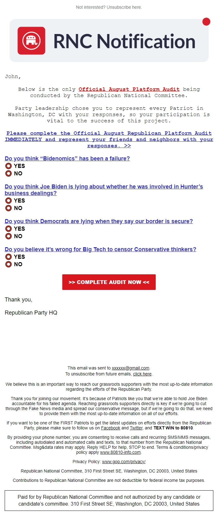 Screenshot of the email generated on import