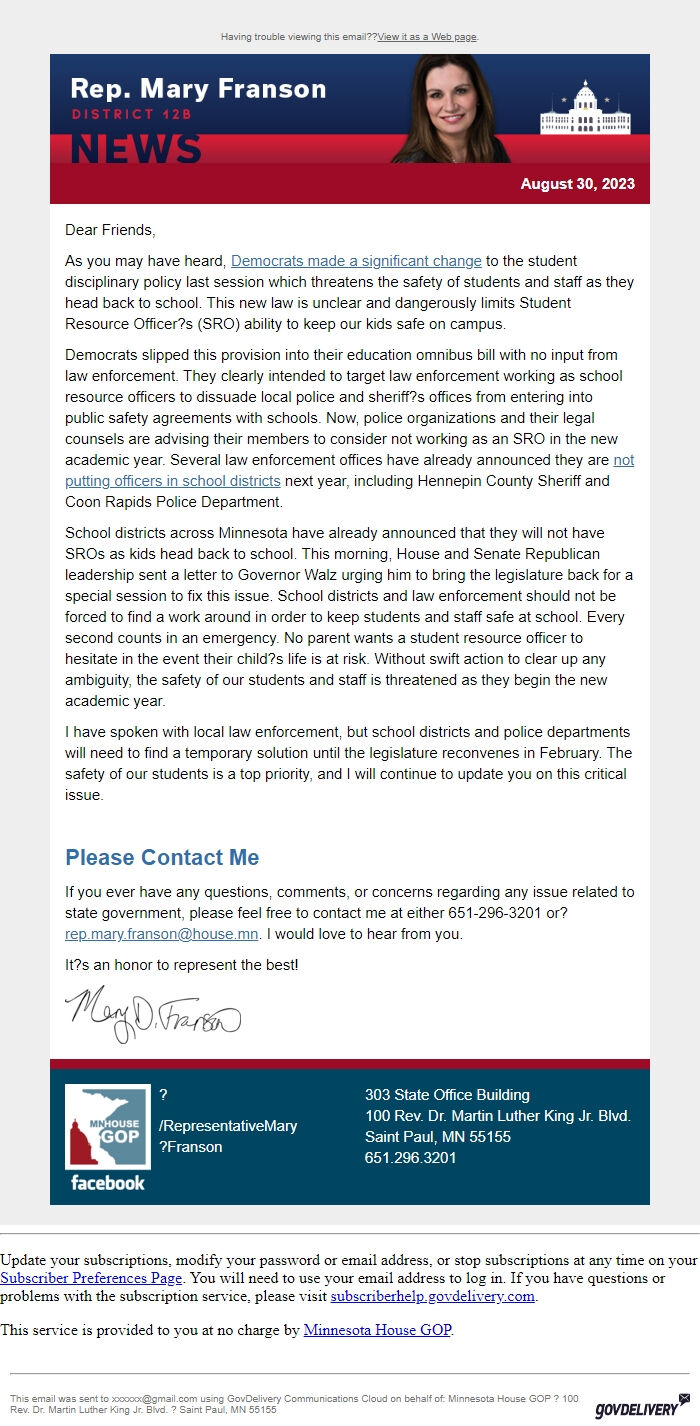 Screenshot of the email generated on import