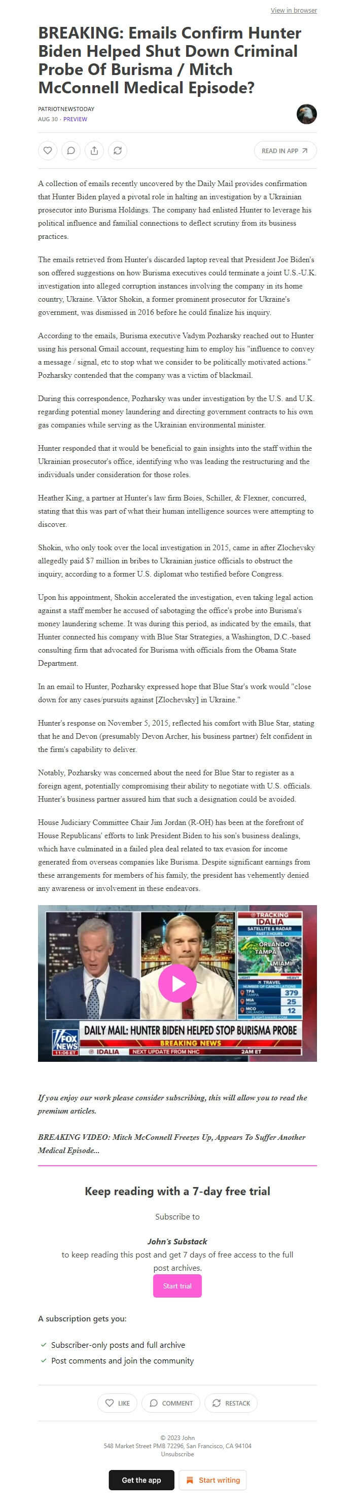 Screenshot of the email generated on import