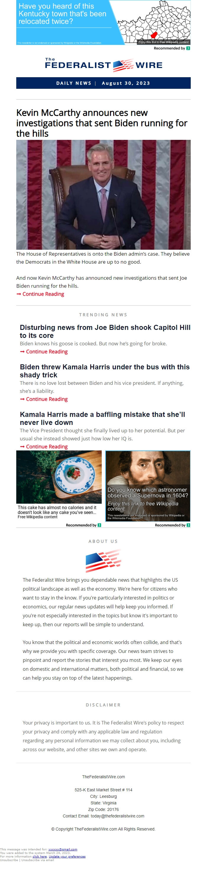 Screenshot of the email generated on import