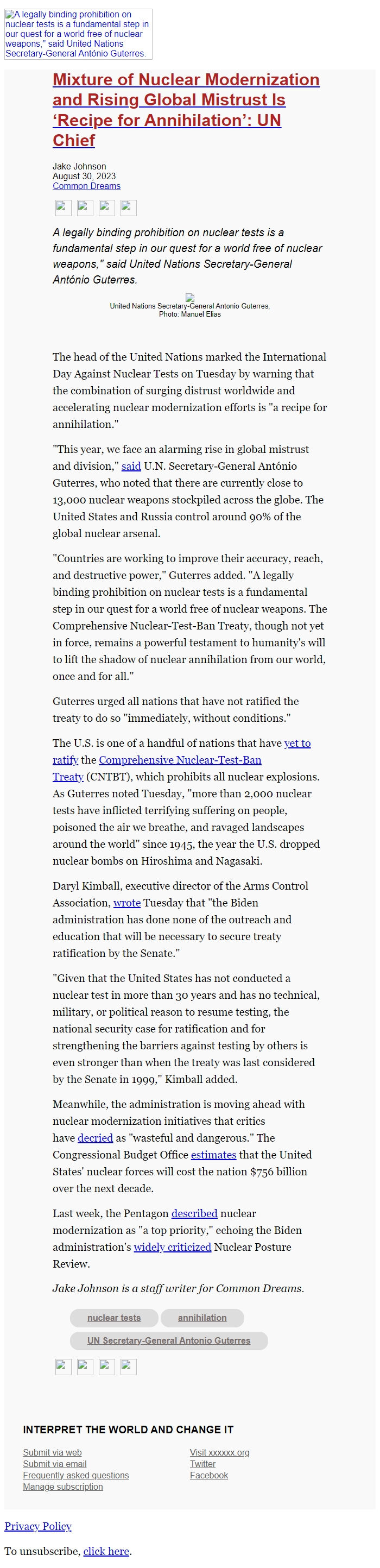 Screenshot of the email generated on import