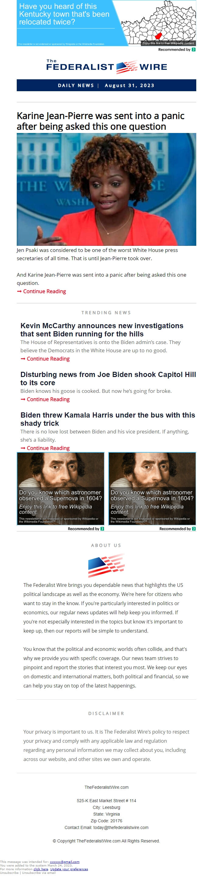 Screenshot of the email generated on import