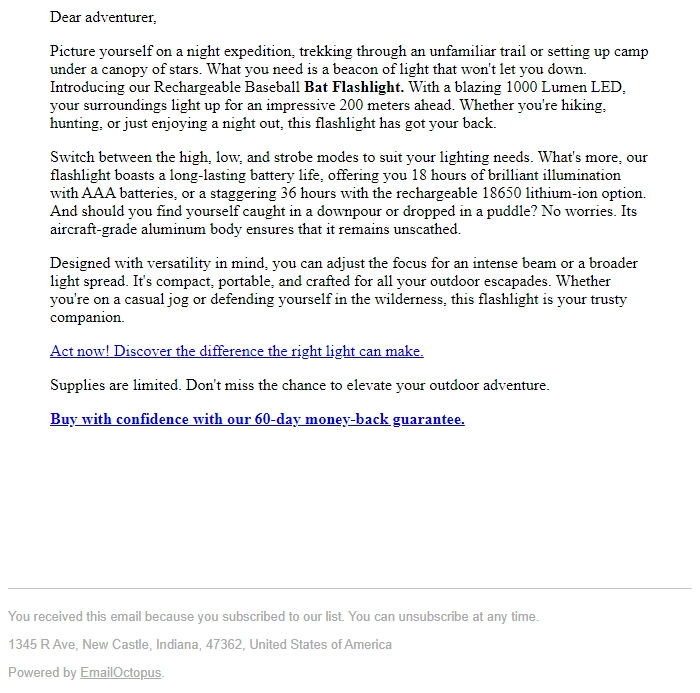 Screenshot of the email generated on import