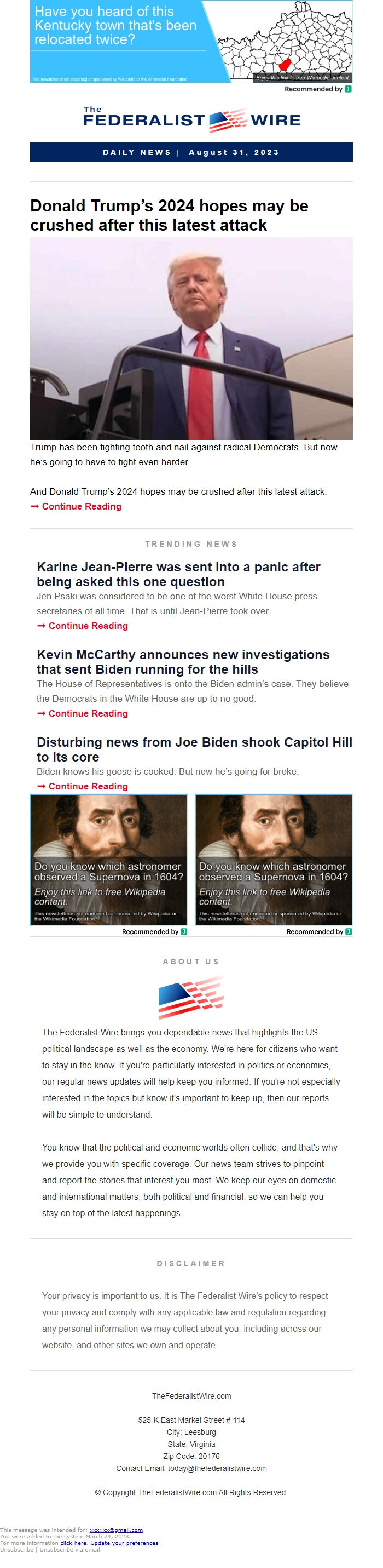 Screenshot of the email generated on import